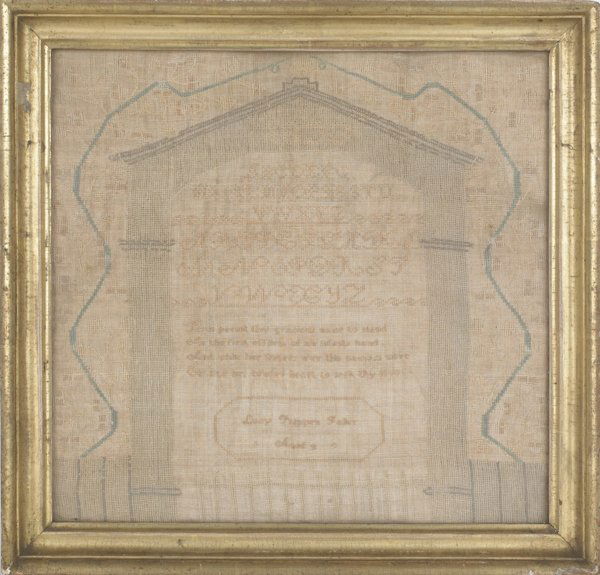 Silk on linen sampler, dated 1823, wrought by: Silk on linen sampler, dated 1823, wrought by Lucy Phippen Fuller, 15 3/4'' x 16 1/4''.