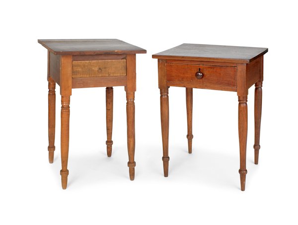 Two Pennsylvania Sheraton one drawer stands, earl: Two Pennsylvania Sheraton one drawer stands, early 19th c., one walnut, 29 1/2'' h., 19'' w., the other maple, 27 1/2'' h., 20 1/2'' w.