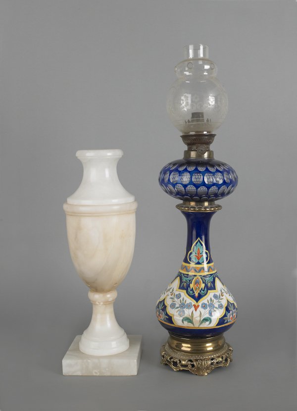 French faiance and blue cut to clear table lamp,: French faiance and blue cut to clear table lamp, 16 1/2'' h., together with a white alabaster table lamp, 24'' h.