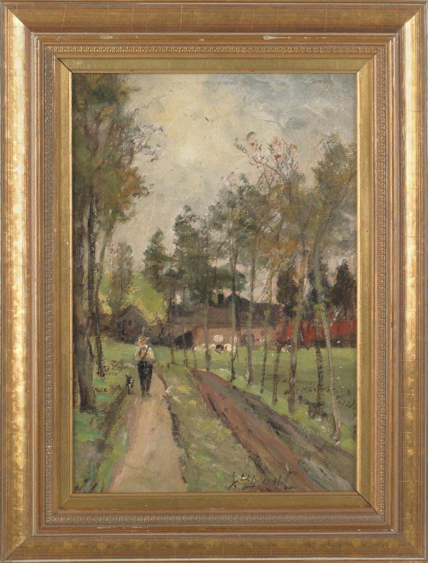 John Henry Oswald (British 1830-1899) oil on canv: John Henry Oswald (British 1830-1899) oil on canvas titled A Country Road Vreeland Holland, signed lower right and verso, 15'' x 10 1/2''.