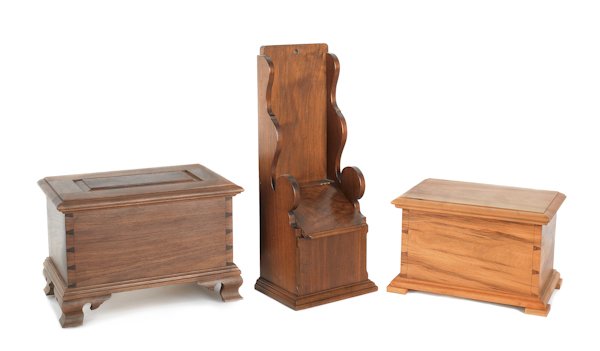 Two miniature walnut blanket chests and a hanging: Two miniature walnut blanket chests and a hanging tobacco box by Russ Kramer.