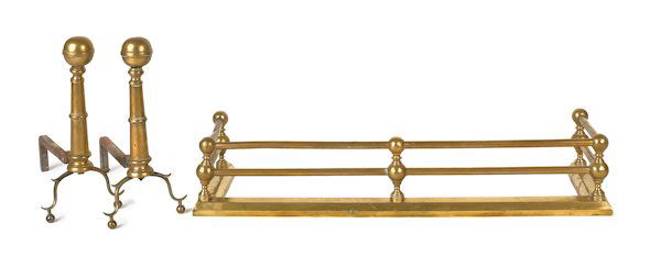Pair of brass andirons, 18'' h., together with a b: Pair of brass andirons, 18'' h., together with a brass fire fender, 7 1/4'' h., 39'' w.