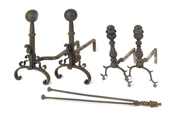 Pair of Federal brass andirons, ca. 1830, 15'' h.,: Pair of Federal brass andirons, ca. 1830, 15'' h., together with a pair of iron andirons, 18 1/2'' h. and a pair of fire tongs.