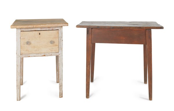 Primitive pine work table, 19th c., 29'' h., 33 1/: Primitive pine work table, 19th c., 29'' h., 33 1/2'' w., together with a pine one drawer stand, 30'' h., 21 3/4'' w.