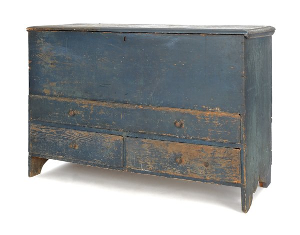 New England painted pine blanket chest, early 19t: New England painted pine blanket chest, early 19th c., with three drawers and an old blue surface, 32 1/2'' h., 47'' w.
