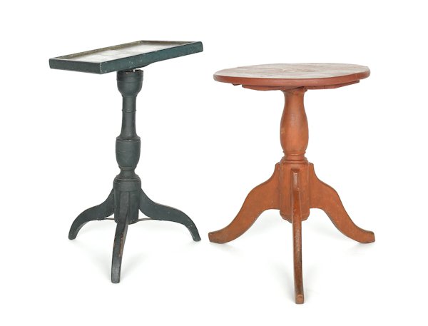 Two painted pine candlestands, 19th c., one in a: Two painted pine candlestands, 19th c., one in a red surface, the other green, largest - 23 1/4'' h., 19'' dia.