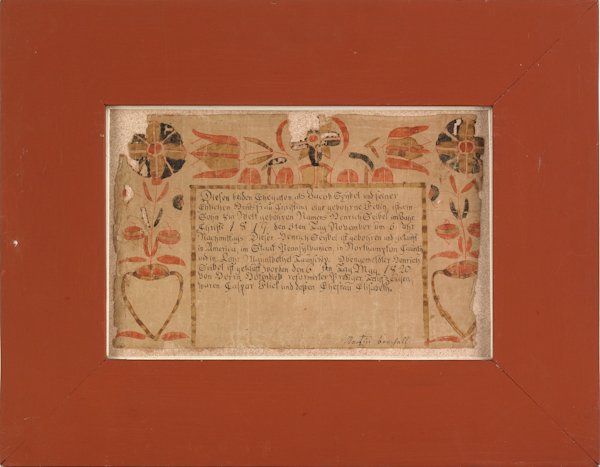 Martin Brechall ink and watercolor fraktur, dated: Martin Brechall ink and watercolor fraktur, dated 1820, 7 3/4'' x 12'', together with a pastel river scene, signed lower right E.B. 1884, 8'' x 11''.