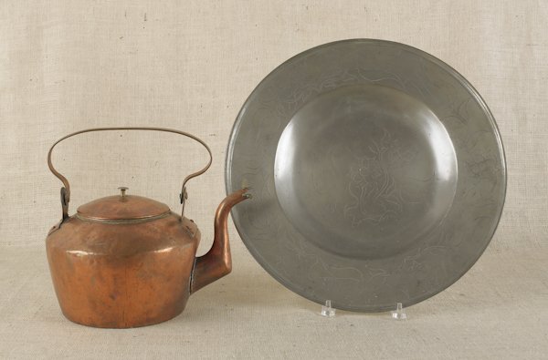 Pewter charger with wrigglework decoration, 17 3/: Pewter charger with wrigglework decoration, 17 3/4'' dia., together with a copper kettle, 11'' h.