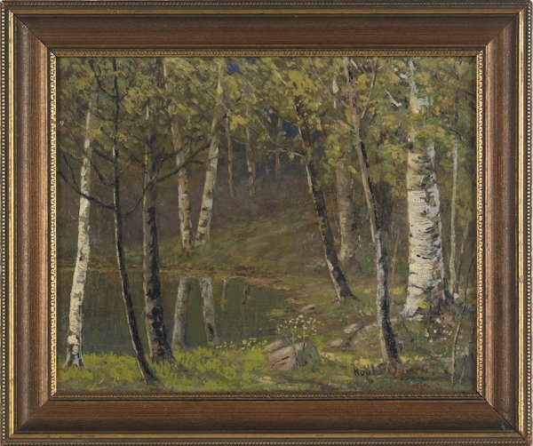 Oil on board landscape of birch trees, 20th c., s: Oil on board landscape of birch trees, 20th c., signed lower right Quinn, 7 1/2'' x 9 1/2'', together with a Lancaster County print of the homestead of Dr. James Kline, 9 1/2'' x 13''.