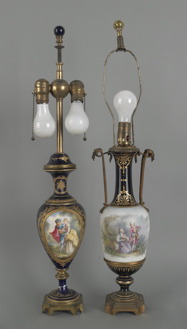 Two ormolu mounted porcelain table lamps, 15 1/2': Two ormolu mounted porcelain table lamps, 15 1/2'' h.