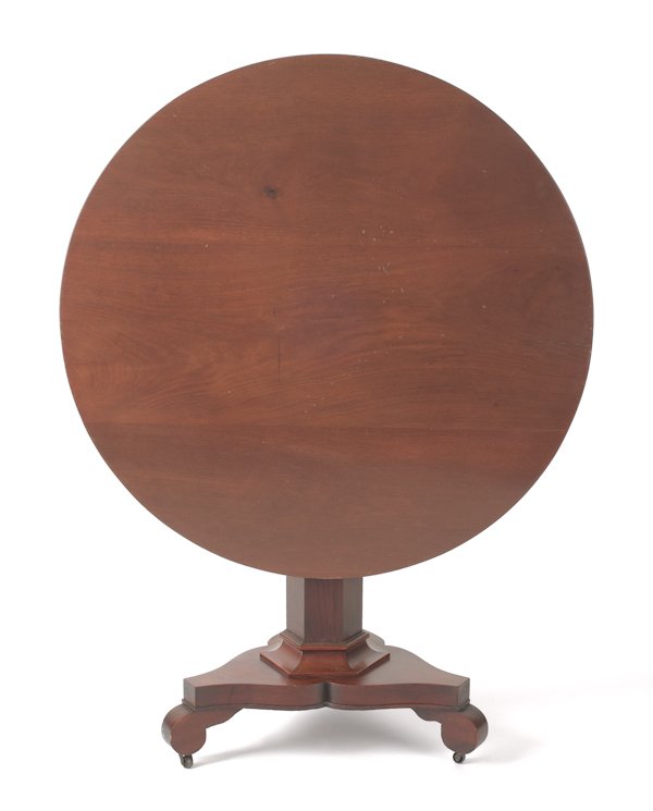 Empire mahogany tilt top tea table, ca. 1840, 29': Empire mahogany tilt top tea table, ca. 1840, 29'' h., 36'' dia.