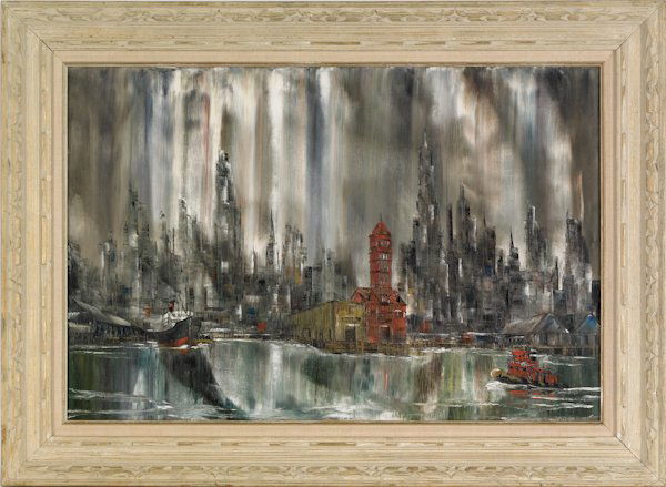 Robert Lebron (American, b. 1928), oil on canvas: Robert Lebron (American, b. 1928), oil on canvas cityscape, signed lower right, 24'' x 36''.