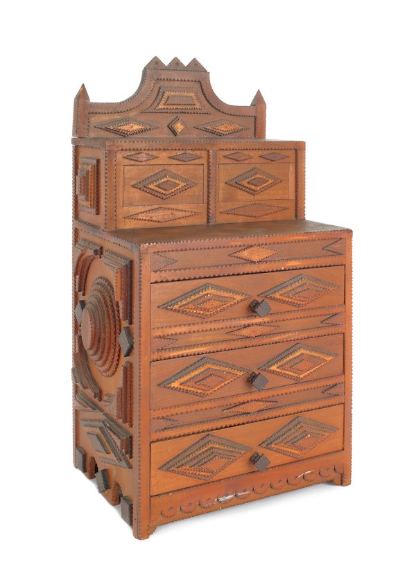Tramp art doll's dresser, ca. 1900, 23'' h., 12 1: Tramp art doll's dresser, ca. 1900, 23'' h., 12 1/4'' w.