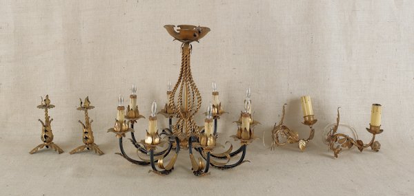 Hanging brass chandelier, 20th c., together with: Hanging brass chandelier, 20th c., together with a pair of gilt metal wall sconces and a pair of candlesticks.