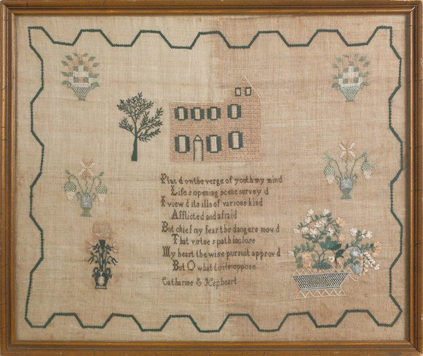 Pennsylvania silk on linen sampler, 19th c., wrou: Pennsylvania silk on linen sampler, 19th c., wrought by Catherine Kepheart, 18'' x 21 1/2''.