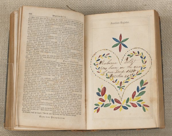 Watercolor fraktur bookplate for Rebecca Foltz b: Watercolor fraktur bookplate for Rebecca Foltz b.1830, housed in a Bible published New York 1850.