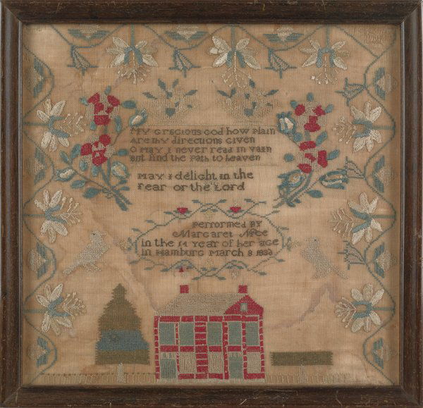 Pennsylvania silk on linen sampler, dated 1832: Pennsylvania silk on linen sampler, dated 1832, wrought by Margaret Nice, Hamburg, 16 1/2'' x 17''.