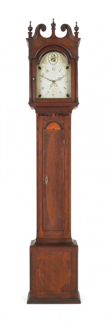 Northampton County Federal cherry tall case cloc: Northampton County Federal cherry tall case clock, ca. 1800 the thirty-hour movement with a painted face, inscribed Nathan Gulick Easton over a fully inlaid case, 95'' h.
