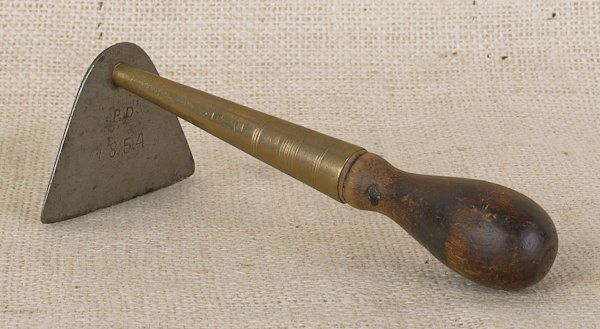 Peter Derr (Berks County, Pennsylvania 1793-1868: Peter Derr (Berks County, Pennsylvania 1793-1868), brass and wrought iron dough scraper with turned wood handle, stamped P.D 1854, 6 1/2'' l.