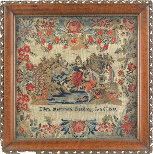 Pennsylvania wool needlework, dated 1855, wro: Pennsylvania wool needlework, dated 1855, wrought by Ellen Hartman, Reading, 22'' x 22''.