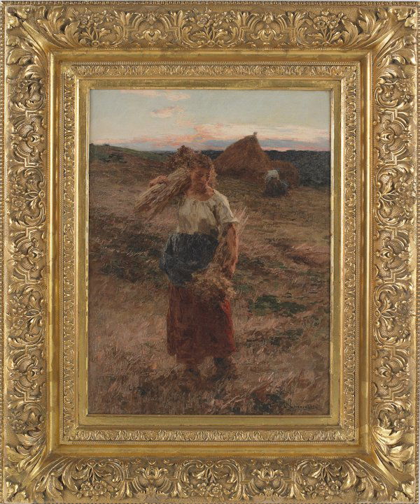 Leon Augustin L'hermitte (French 1844-1925), oi: Leon Augustin L'hermitte (French 1844-1925), oil on canvas landscape with a peasant woman gathering hay, signed lower right, 22'' x 16 1/4''.