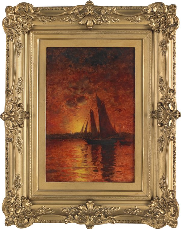 Frank Knox Morton Rehn (American 1848-1914), oi: Frank Knox Morton Rehn (American 1848-1914), oil on canvas seascape of a sunset, signed lower left, 18'' x 12''.