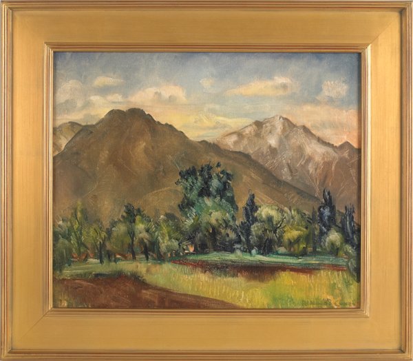 Rinaldo Cuneo (American 1877-1939), oil on canv: Rinaldo Cuneo (American 1877-1939), oil on canvas landscape, titled Wasatch Mountains Utah, signed lower right, 20'' x 24''.