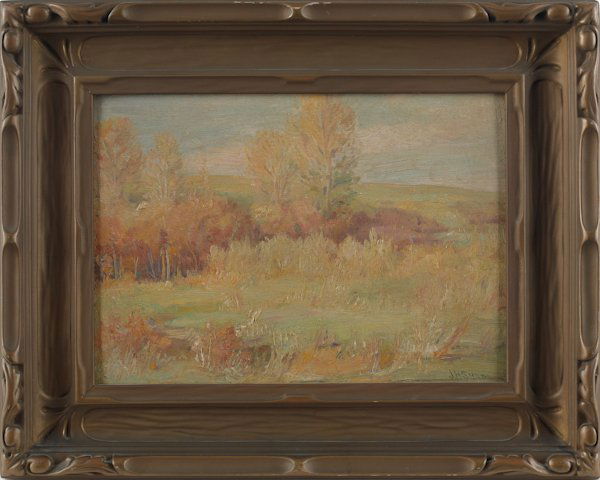 Joseph Henry Sharp (American 1859-1953) oil on: Joseph Henry Sharp (American 1859-1953) oil on board landscape, titled verso On 2A Ranch (Dana's) Wyoming, signed lower right, 9 3/4'' x 13 3/4''.