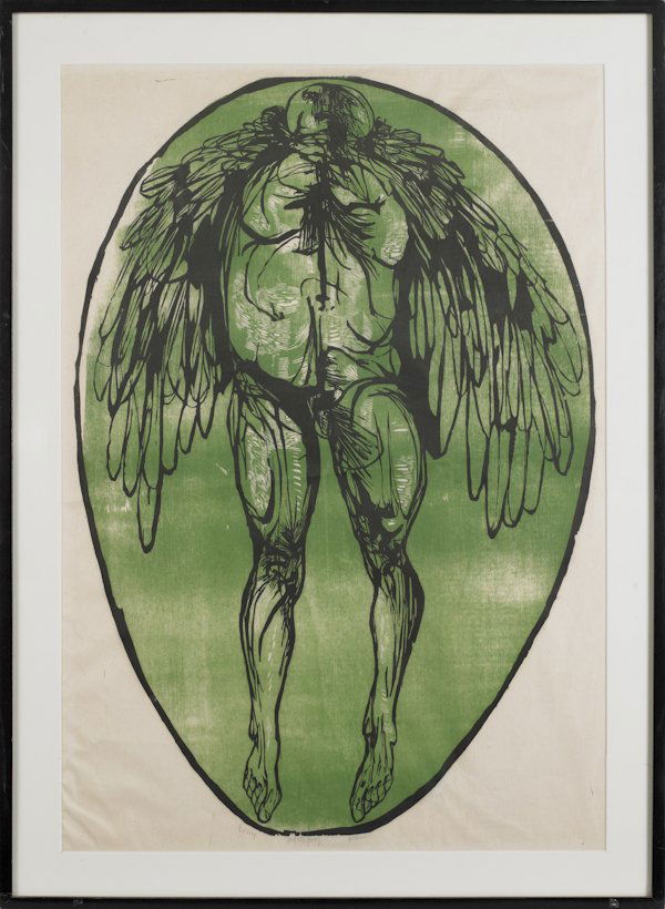 Leonard Baskin (American 1922-2000), color wood: Leonard Baskin (American 1922-2000), color woodcut, titled Icarus, signed lower middle, 32'' x 22''.