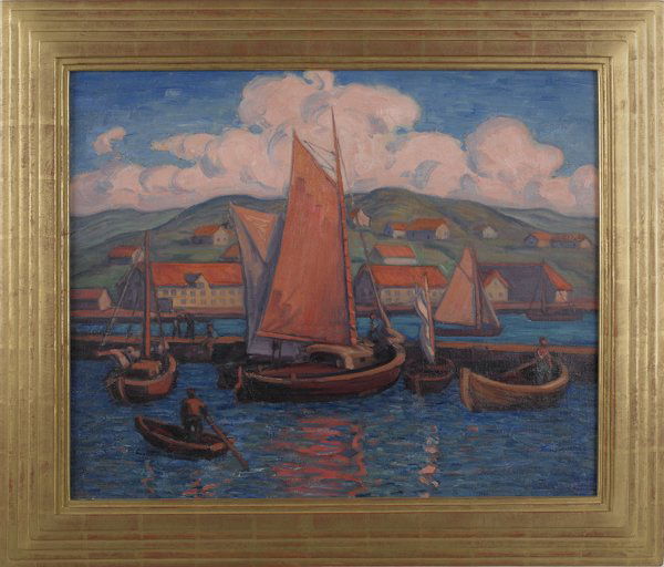 Carl Eric Lindin (American 1869-1942), oil on c: Carl Eric Lindin (American 1869-1942), oil on canvas, titled The Red Sail (Norway), estate stamp lower right, 23 3/4'' x 29''.
