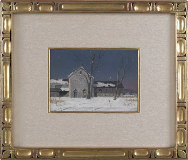 George William Sotter (American 1879-1953), oil: George William Sotter (American 1879-1953), oil on board winter scene, titled Bucks County Barn in Moonlight, signed lower right, 5'' x 7''.