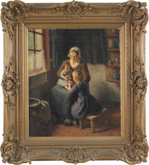 Hendrik Heyligers (Dutch 1877-1967), oil on can: Hendrik Heyligers (Dutch 1877-1967), oil on canvas interior scene of a mother and two children, signed lower right, 26'' x 22''.