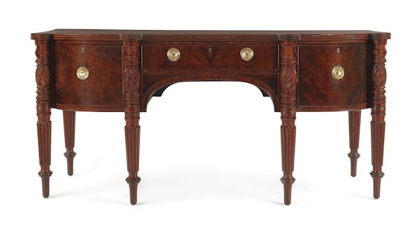 Massachusetts Federal mahogany sideboard, ca. 18: Massachusetts Federal mahogany sideboard, ca. 1815, with spiral and reeded legs, 37 1/2'' h., 80'' w.