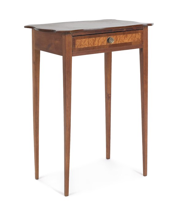 New England Federal birch and maple one-drawer s: New England Federal birch and maple one-drawer stand, ca. 1810, with a serpentine top and square tapering legs, 29 1/4'' h., 20 1/2'' w.