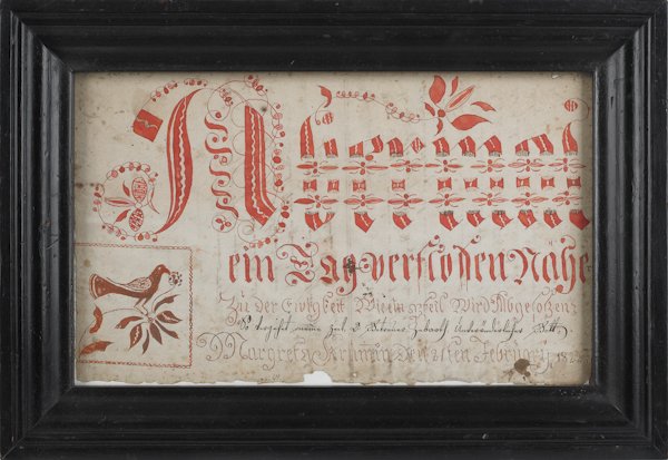 Southeastern Pennsylvania ink and watercolor fra: Southeastern Pennsylvania ink and watercolor fraktur, dated 1822 for Magreta Krum, 8'' x 13''.