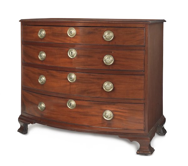 Philadelphia Federal mahogany bowfront chest of: Philadelphia Federal mahogany bowfront chest of drawers, ca. 1805, with four drawers and ogee bracket feet, retaining its original brass hardware, 37'' h., 40 1/2'' w. Property sold with the approval 