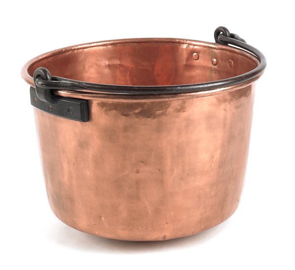 Pennsylvania copper apple butter kettle, stampe: Pennsylvania copper apple butter kettle, stamped J. P. Schaum Lancaster, Pennsylvania, 19'' h., 27'' dia.