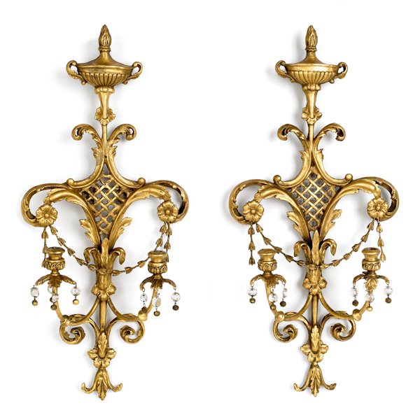 Pair of Continental carved and gilded wall sconc: Pair of Continental carved and gilded wall sconces, 19th c., 30 1/2'' h.