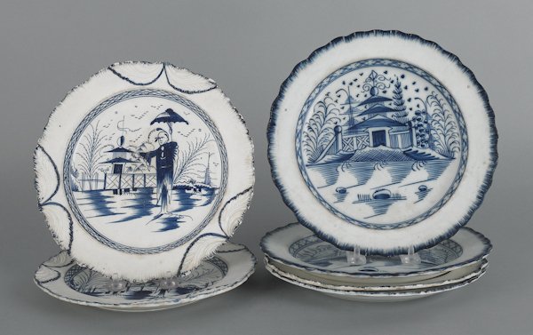 Six pearlware feather edge plates, ca. 1800, wi: Six pearlware feather edge plates, ca. 1800, with blue and white chinoiserie pattern, 10'' dia. Provenance: Titus Geesey.