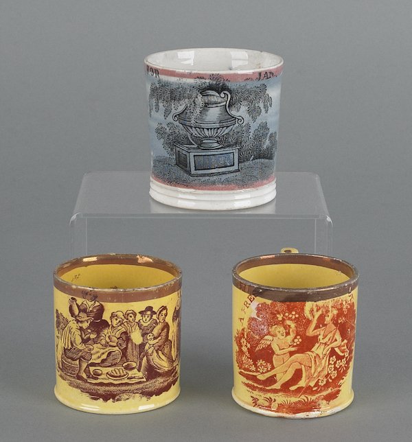Three Staffordshire child's mugs, early 19th c.: Three Staffordshire child's mugs, early 19th c., to include two Canary examples, the other inscribed To Jane, tallest - 2 3/8'' h.