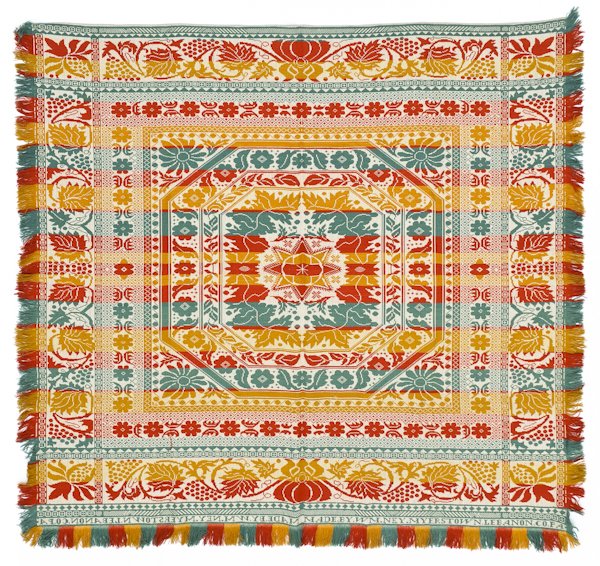 Pennsylvania Jacquard coverlet, ca. 1840, inscr: Pennsylvania Jacquard coverlet, ca. 1840, inscribed Made by Wm. Ney Myerstown Lebanon Co. Pennsylvania, 82'' x 84''.