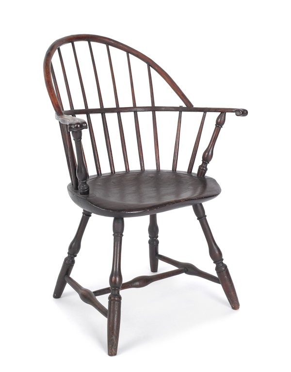Pennsylvania sackback Windsor chair, ca. 1790,: Pennsylvania sackback Windsor chair, ca. 1790, with knuckle arms, retaining an old varnished surface.