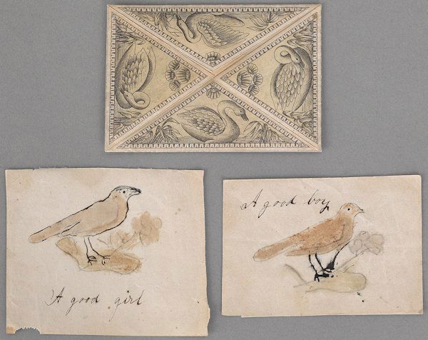 Three Pennsylvania fraktur rewards of merit, 19t: Three Pennsylvania fraktur rewards of merit, 19th c., to include two hand drawn examples for A Good Boy and A Good Girl.