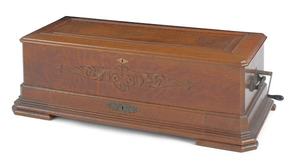 Mermod Freres Ideal Sublime Harmony Piccolo cyli: Mermod Freres Ideal Sublime Harmony Piccolo cylinder music box in a carved oak case, with a single drawer and three 17 3/4'' cylinders, 12 1/2'' h. 36 1/2'' w., 15 1/2'' d.