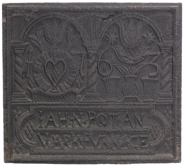 John Potts 1763 cast iron stove plate, 18th c.,: John Potts 1763 cast iron stove plate, 18th c., inscribed Warwick Furnace, 19 1/4'' x 21 1/2''.