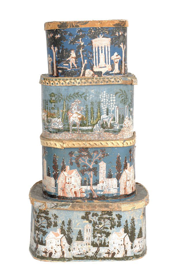 Four wallpaper hat boxes, early/mid 19th c., wi: Four wallpaper hat boxes, early/mid 19th c., with figures and landscapes all on a blue ground, largest - 12'' h., 23'' dia.