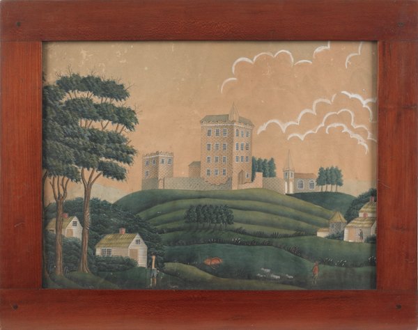 Watercolor and gouache landscape with a large es: Watercolor and gouache landscape with a large estate atop a hill, mid 19th c., 11 1/2'' x 15 1/2''.