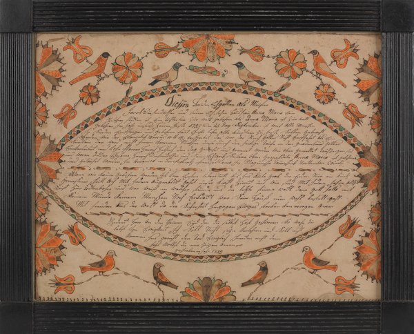 Northampton County, Pennsylvania watercolor and: Northampton County, Pennsylvania watercolor and ink on paper fraktur birth record for Anna Maria Dieffendorfer, Macungie Township, dated 1815, with a central oval cartouche and scalloped border enclos