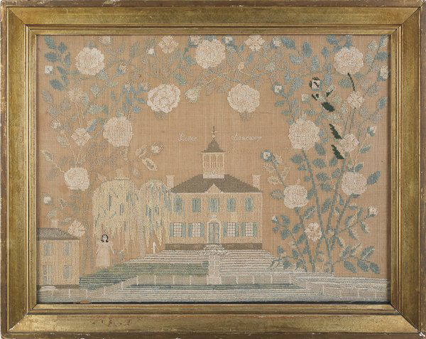 Bucks County, Pennsylvania silk on linen sampler: Bucks County, Pennsylvania silk on linen sampler, early 19th c., worked at the Loller Acadamy, sic. Hatboro, depicting a young woman standing in front of a building within an elaborate floral border,