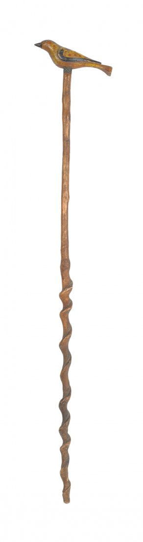 Schtockschnitzler Simmons (Southeastern Pennsylv: Schtockschnitzler Simmons (Southeastern Pennsylvania, active 1885-1910), carved cane with a bird grip, retaining its original painted surface, 37 1/4'' l.